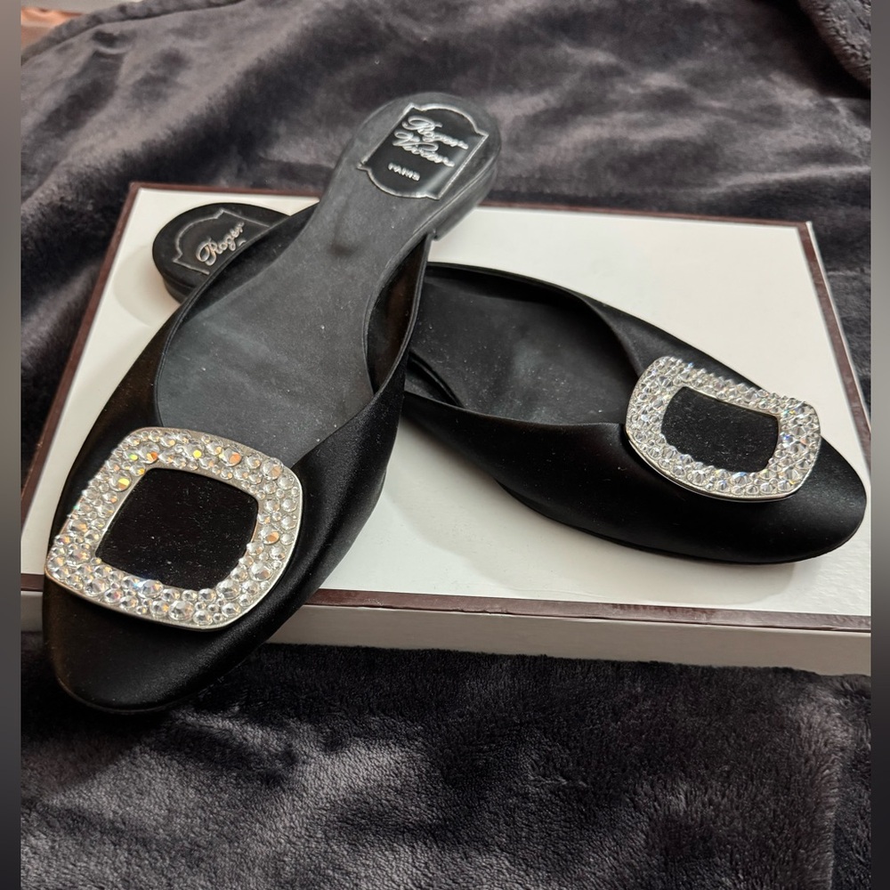 Roger Vivier Black Flats with Crystal Buckle